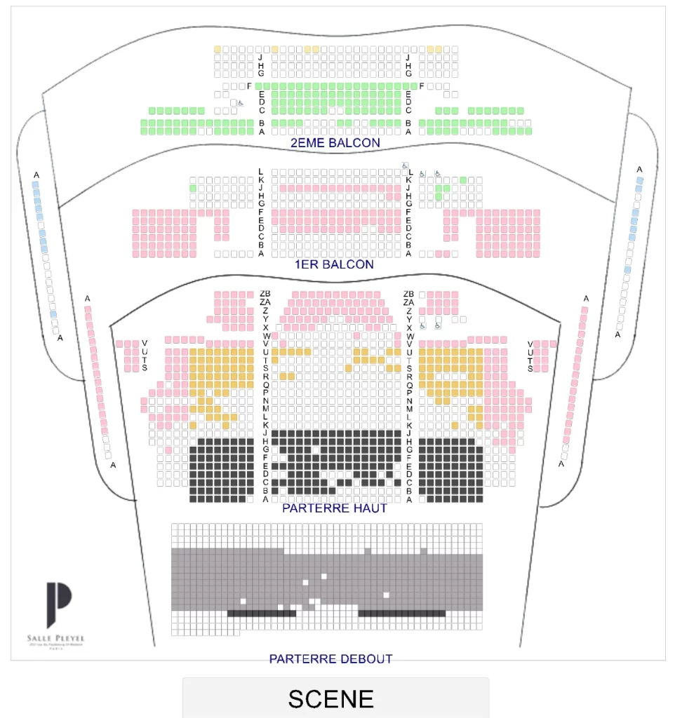 Plan de la Salle Pleyel - Attention, ne vous fiez pas à l'image pour la disponibilité des place qui varie !
